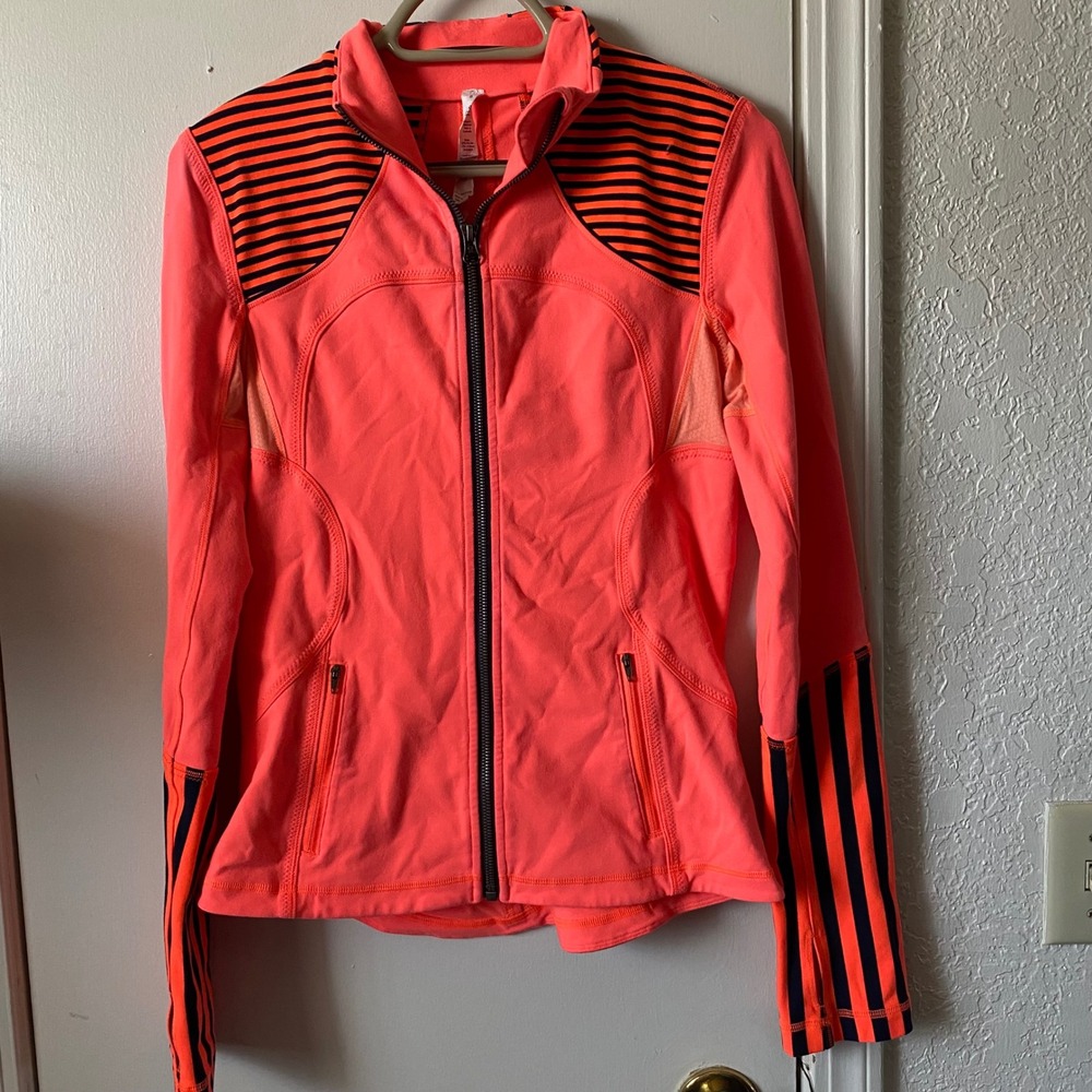 Lululemon Define Jacket Womens 8 Neon Coral Orange Black Striped Full Zip Yoga